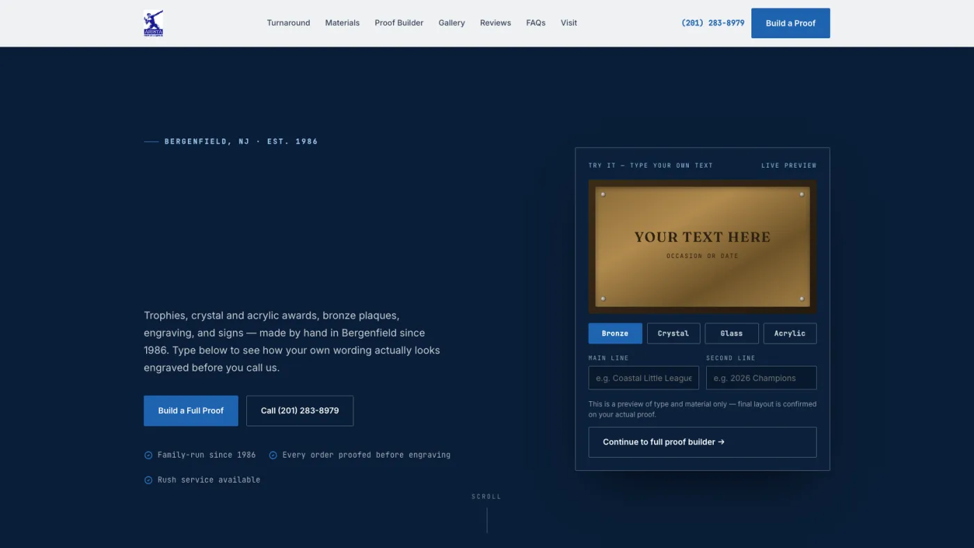 WordPress redesign for Arista Trophies & Awards with live engraving proof builder