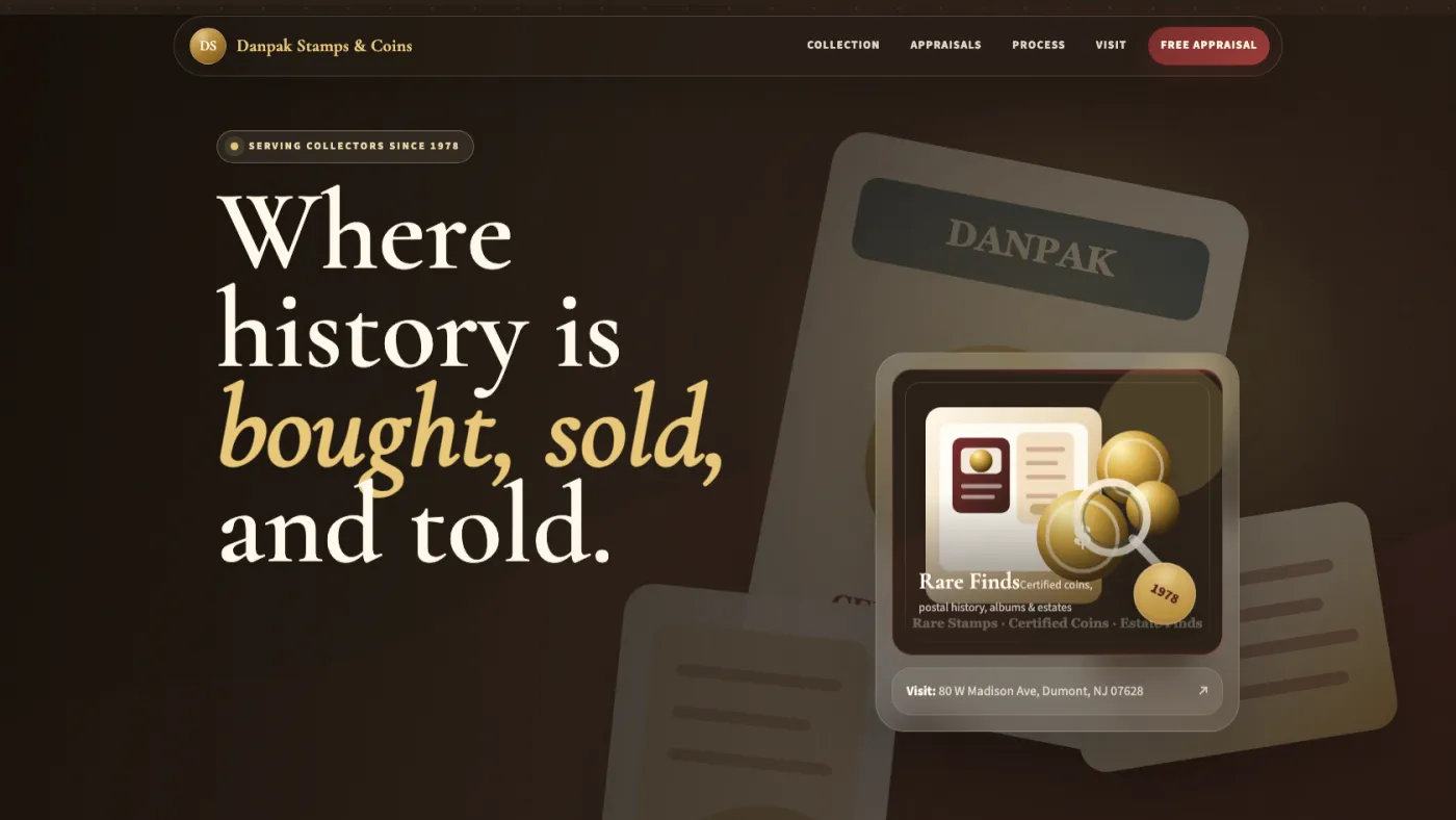 WordPress redesign for Danpak Stamps & Coins collectibles